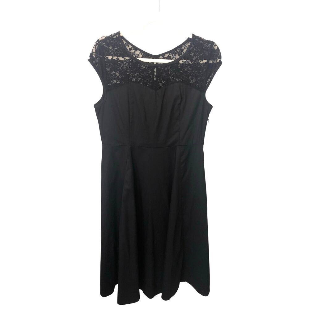 Black Fit Flare Dress Size L Lace Cap Sleeve Stretch Whimisigoth Party Evening